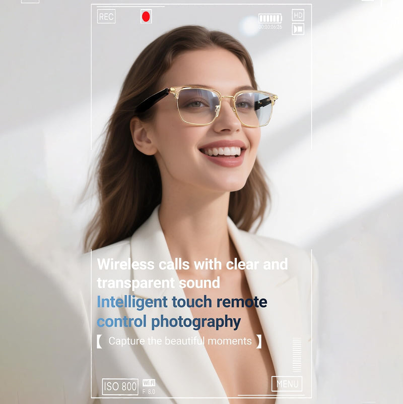 Bluetooth Blue Light Glasses for Women Men, AI Voice Assistant, Open Ear Speakers, Clear Bluelight Filtering Smart Glasses (Gold)