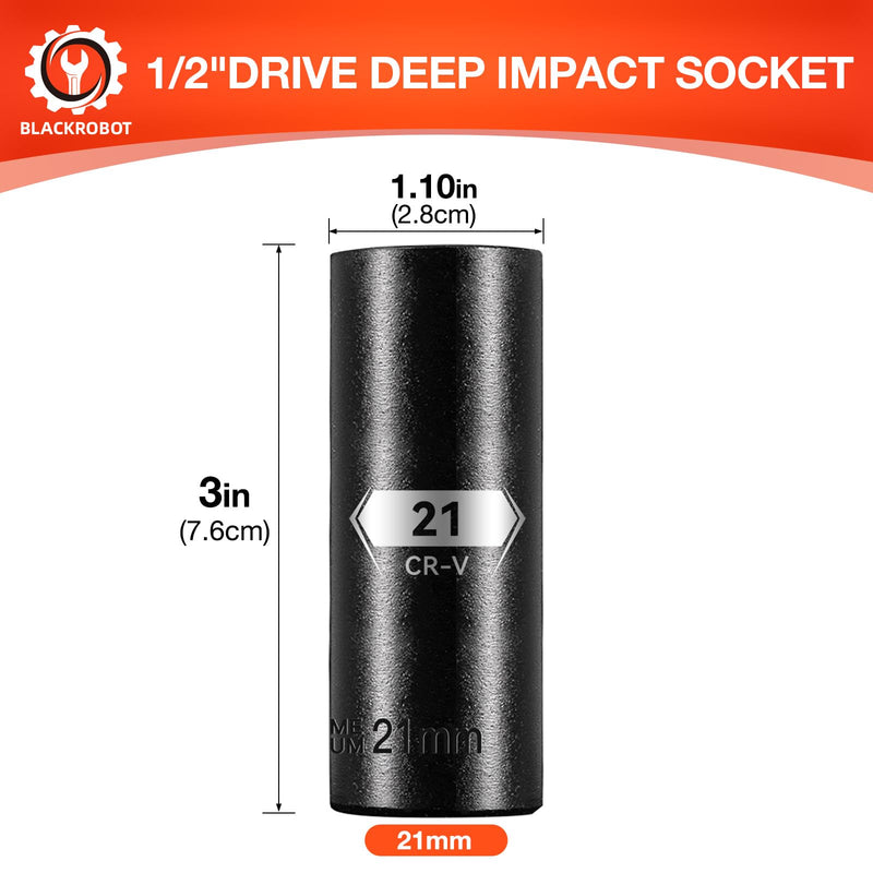 BLACKROBOT 1/2 Inch Drive 6-Point Deep Socket, 21mm Deep Impact Socket, CR-V Steel