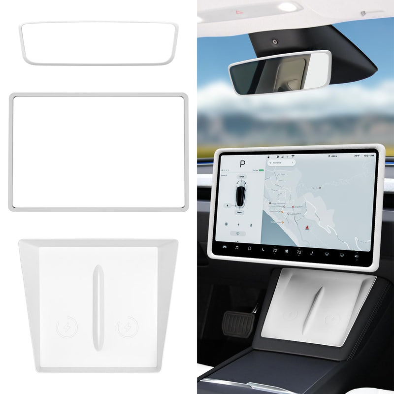 for Tesla Model 3 2024 2025 and model y Juniper Accessory Set: 3-Piece White Silicone Console Mat, Screen & Mirror Frame Protectors (Waterproof, Anti-Slip)(3 PCS White) 2024 2025 model 3 and model y Juniper
