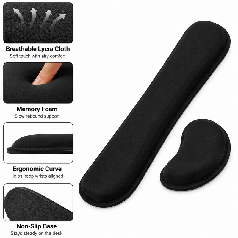 2 Piece Wrist Rest Set, Enlarge Silky Superfine Fabric Gel Keyboard Mouse Pad for Typing Pain Relief, Ergonomic Soft Memory Foam Hand Rests for Office Gaming Computer Laptop Workstation, Black