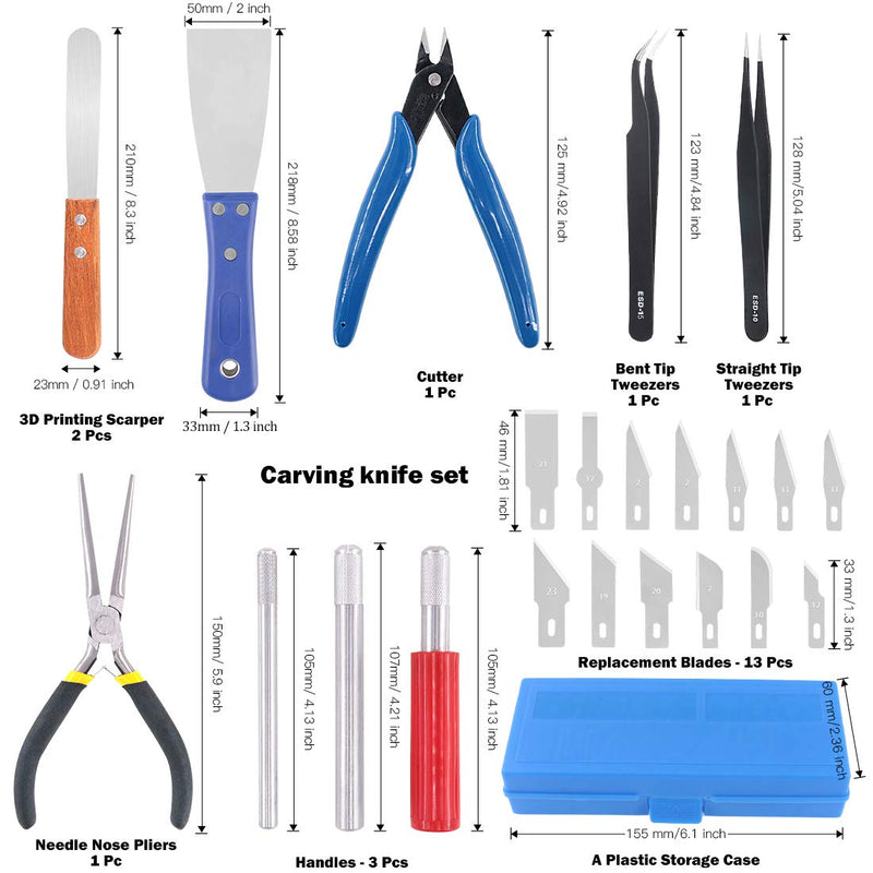 Glarks 40Pcs 3D Printer Removal Cleaning Tool Kit, Including Needle Nose Plier, Tweezers, Filing Tool, Cleaning Needles, Glue Stick, Cutting Mat, Knife Clean Up Kit to Remove, Clean, Finish 3D Print
