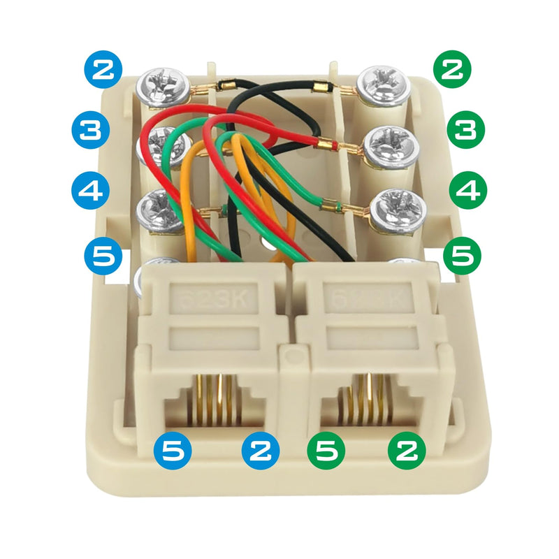 Phone Jack Surface Mount Dual Port for 2 Phone Line Telephone Jack Box 8 Screw Terminals to 2 RJ11 6P4C Female Ivory 2in2out Ivory