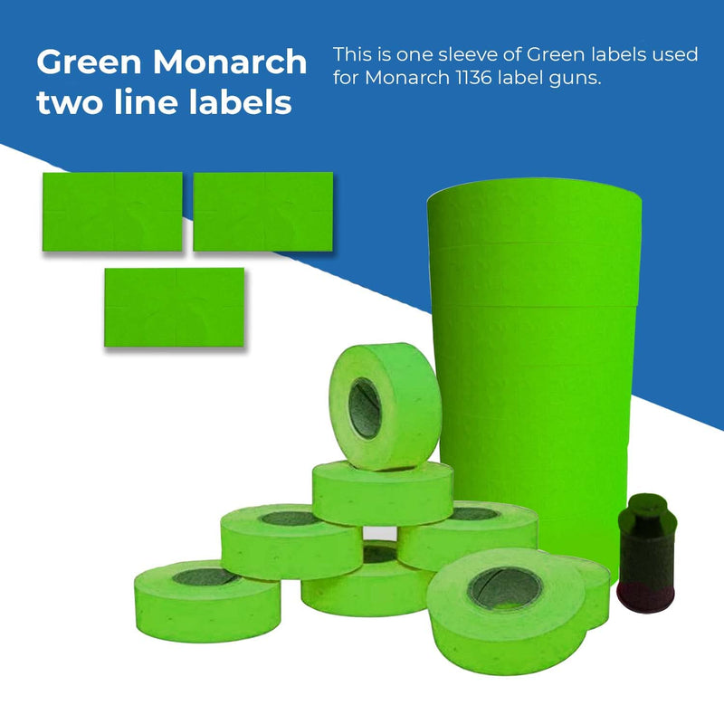 1136 Green Monarch Labels, 8 Rolls, 14,000 Two line Labels