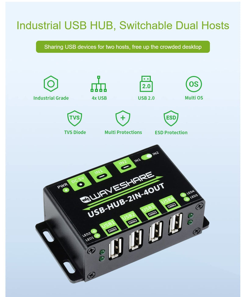 Industrial Grade USB HUB, 4X Extended USB Ports, Switchable Two Inputs, Sharing Two Hosts