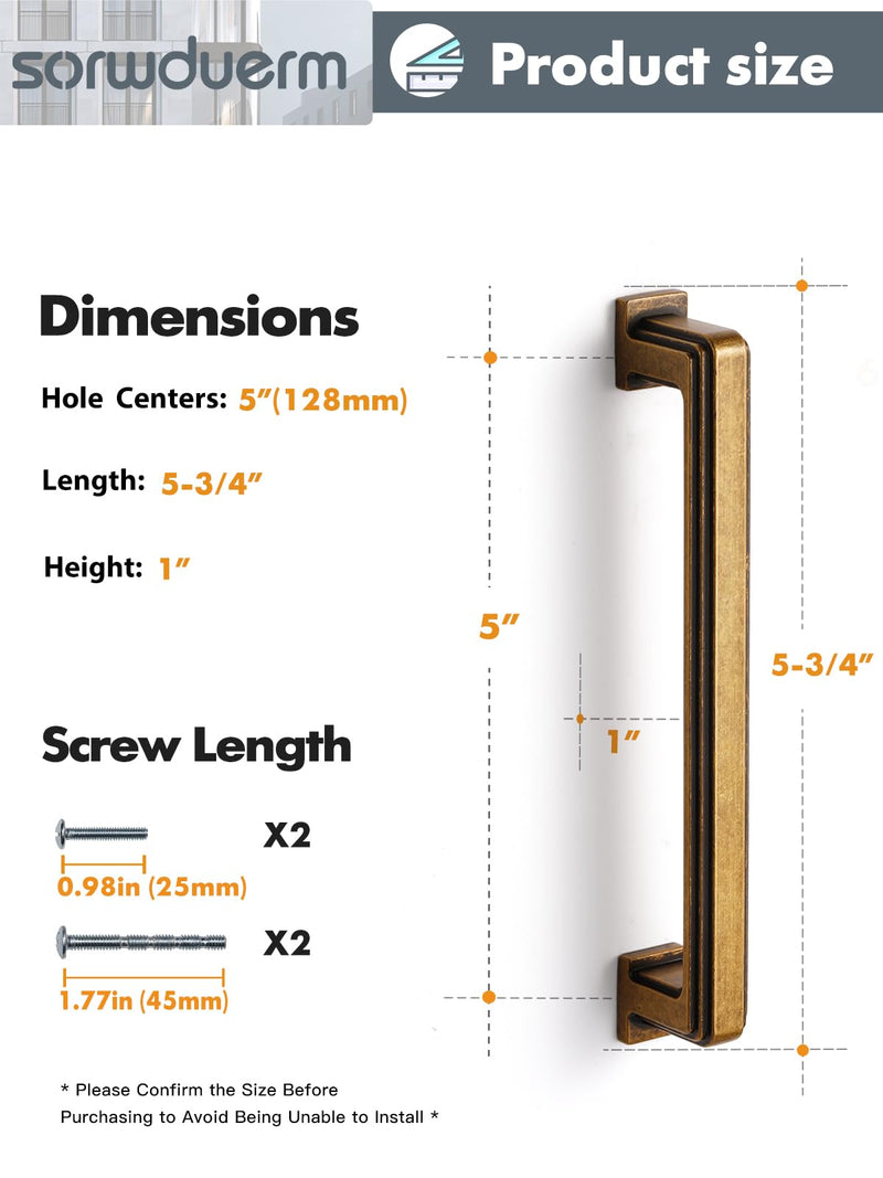 SORWDUREM 5 Pack 5 Inch(128mm) Antique Brass Cabinet Pulls Drawer Pulls Kitchen Hardware Cabinet Handles Cupboard Kitchen Hardware 5"(128mm) Hole Center