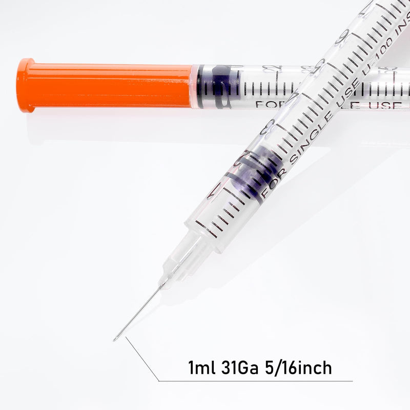 U-100 1cc Syringes with 31g 5/16" (8mm) , Individually Wrapped, Pack of 100 1cc 31g 5/16 In 100 Pack