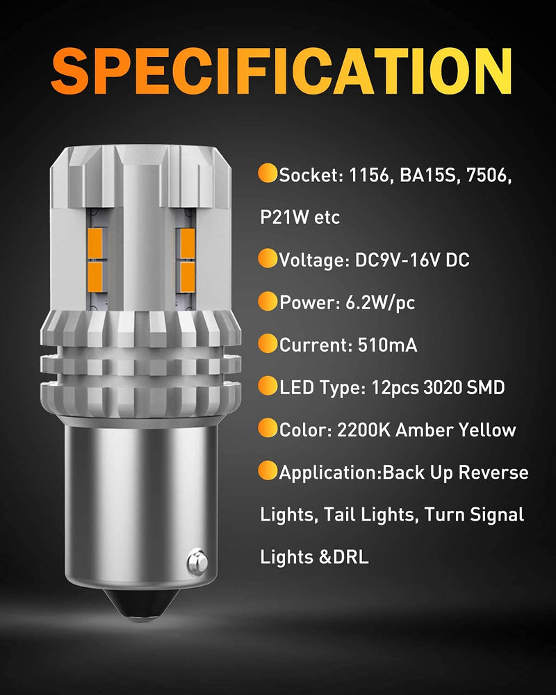 OXILAM Turn Signal Light 1156 LED Bulbs Amber Yellow 2200K Extremely Bright BA15S 1141 1003 7506 LED Bulbs with High Power 12pcs 3020SMD Chipsets, 2 Pack