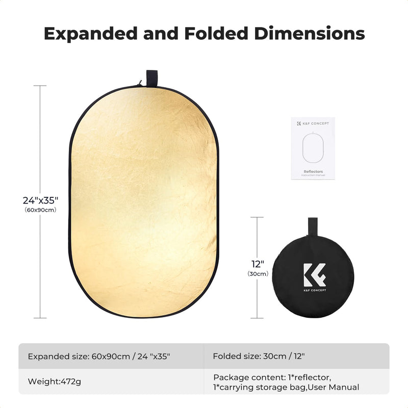 K&F CONCEPT 24" x36”(60x90cm) 5-in-1 Oval Foldable Reflector with Carrying Bag, Gold, Silver, Black, White Reflective Fabric and Translucent Soft Fabric for Studio Lighting 60x90cm
