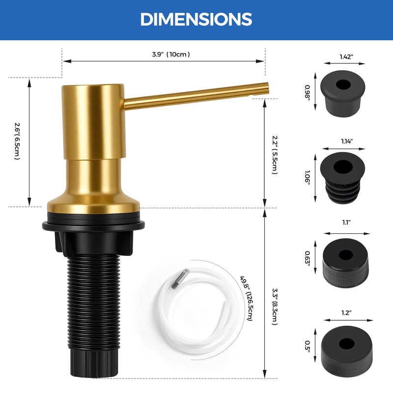 Brushed Gold Soap Dispenser for Kitchen Sink, Built in Soap Dispensers, Stainless Steel Sink Soap Dispenser or Lotion Dispenser Pump with 47" Extension Tube Kit, Upgraded Metal Check Valve Brushed Gold