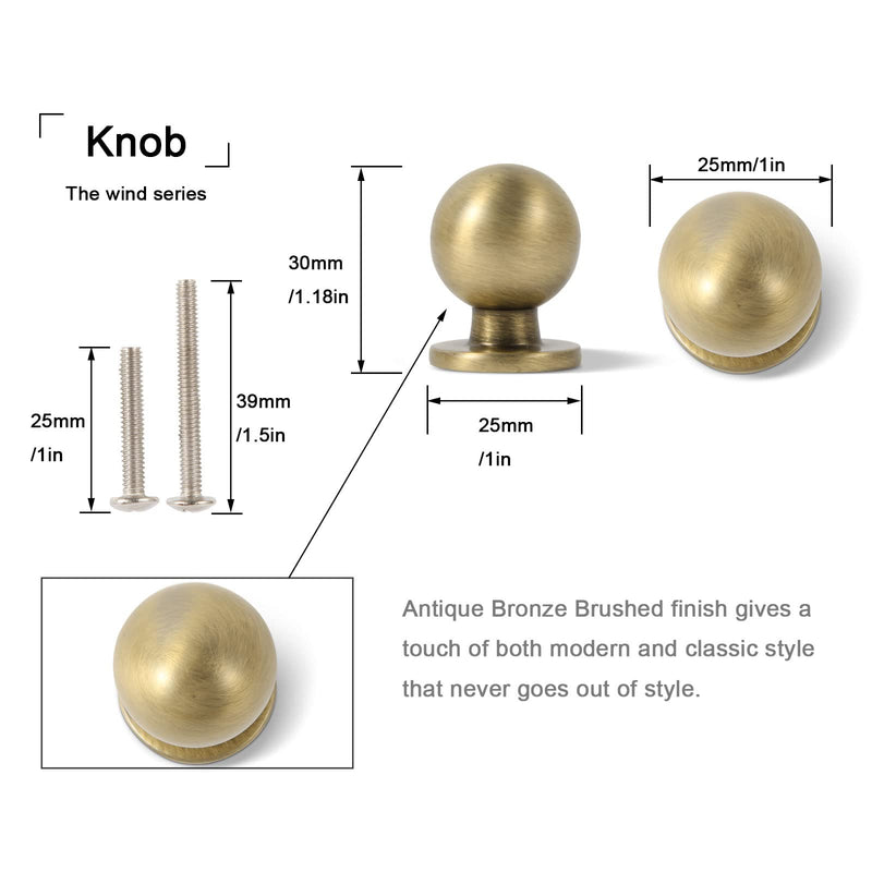 khtumeware 10 Pack 1 Inch (25mm) Diameter Round Solid Vintage Brushed Antique Brass Finish Kitchen Cabinet Knob.