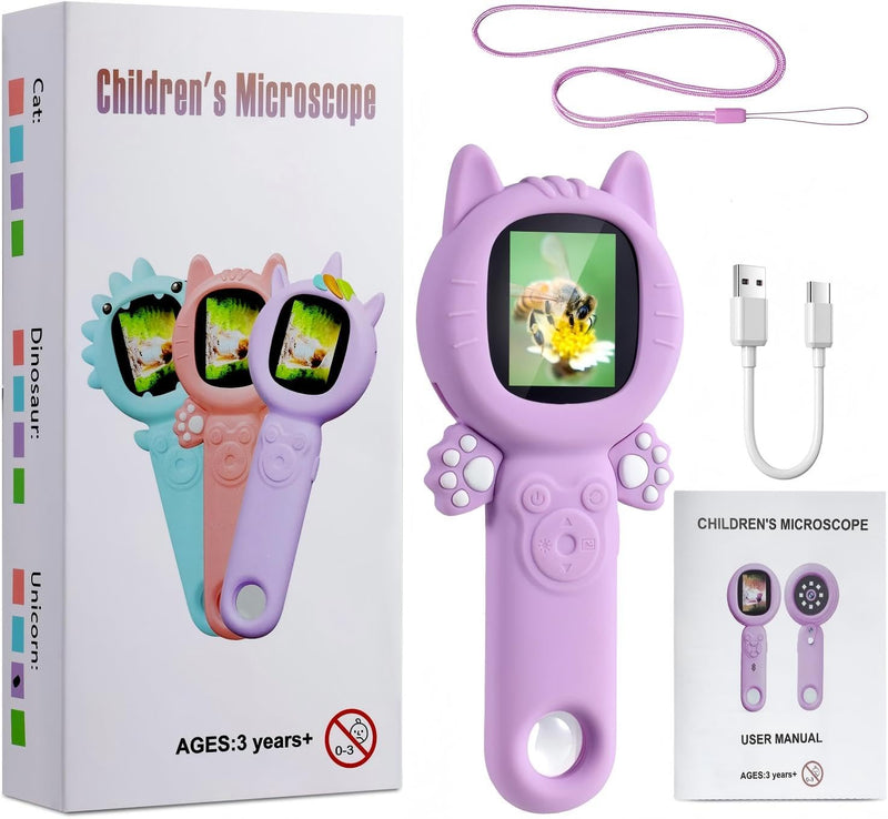 Kids Microscope – 500X Digital Pocket Handheld Microscope with Dual Cameras & Autofocus, STEM Educational Toy & Perfect Christmas Birthday Gift for Boys & Girls Ages 3 4 5 6 7 8 9 10(Pink) Pink cats