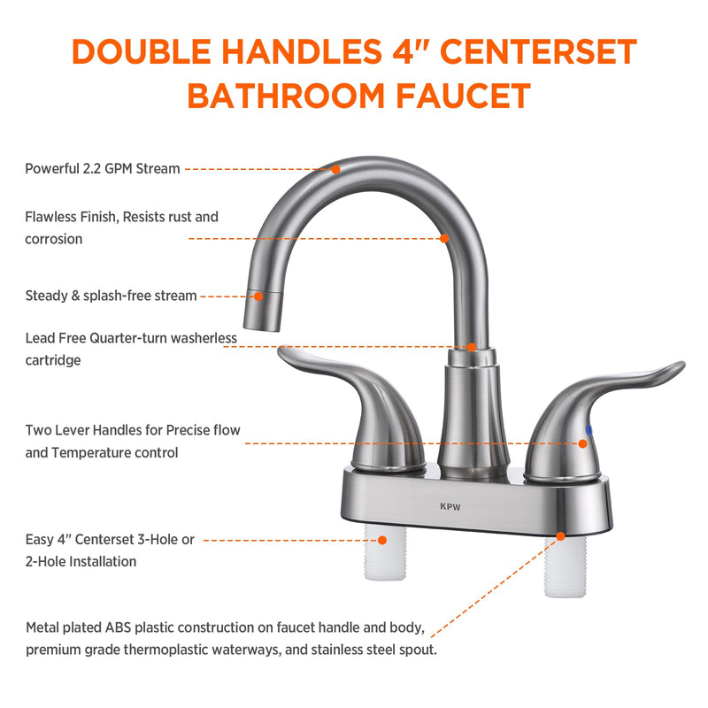 KPW Bathroom Sink Faucet 2 or 3 Hole Brushed Nickel Centerset 4 Inch Bathroom Sink Faucet 2 Handle Over ABS Non-Metallic Lavatory Bathroom Faucet with Pop up Drain Water Supply Hoses Two Handle 5121 Brushed Nickel