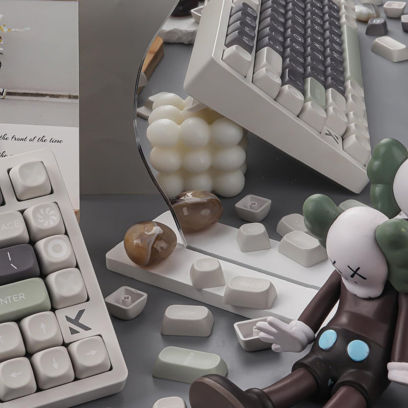 PBT Double Shot Keycaps 131 Keys MOA Profile Keycaps | Minimalist Retro White Grey Green Dye Sub Custom Classic Key Caps for Cherry Gateron MX Switches Mechanical Keyboards