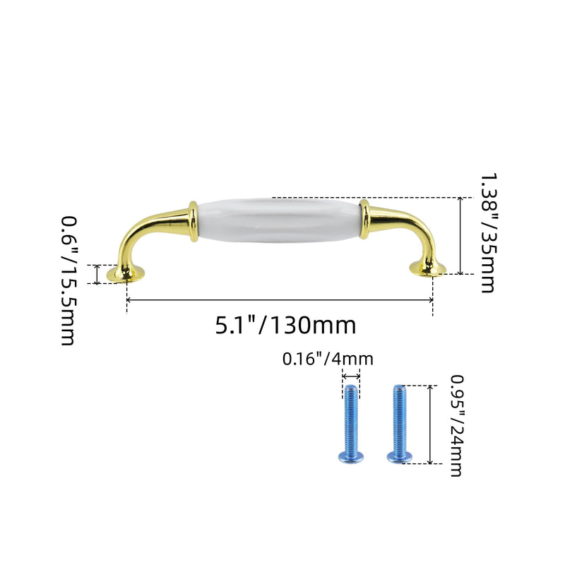 6Pcs Gold/White Ceramic Cabinet Pulls, Antique Bronze Furniture Hardware, 5 Inch(128mm) Hole Center Dresser Drawer Handles for Cottage Kitchen Bathroom Cupboard with Mounting Screws 5.1"/130mm Holes' Spacing Gold & White