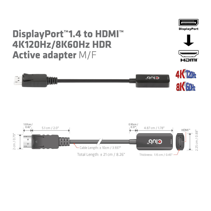 Club 3D DisplayPort to HDMI Cable 8K@60Hz 4K@120Hz Active Adapter - Gaming PC Laptop Console to Monitor TV - DP 1.4 to HDMI 2.1 HDR10+ Dolby Vision Converter CAC-1088