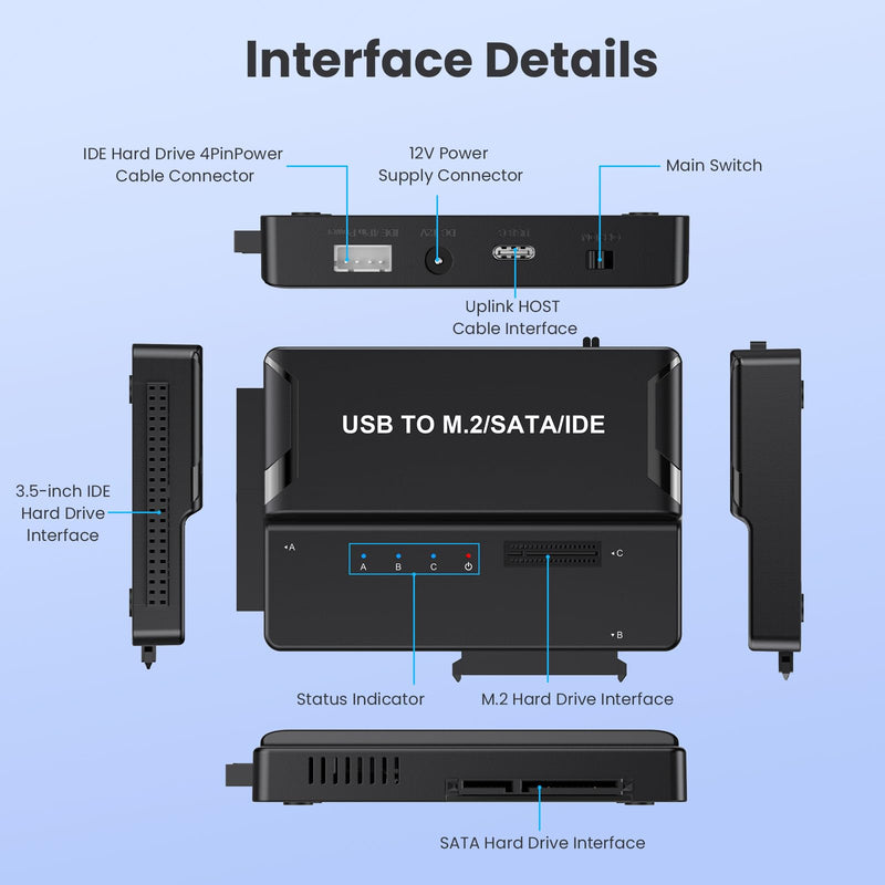 M.2 NVMe SSD Enclosure, USB to M.2 and IDE SATA Adapter Hard Drive Reader | 10Gbps USB-C/A to M.2 NVMe Adapter For all Size M.2 SSD(M Key&M+B Key), 3.5 2.5-Inch SSD/HDD with 12V/2A Power Adapter