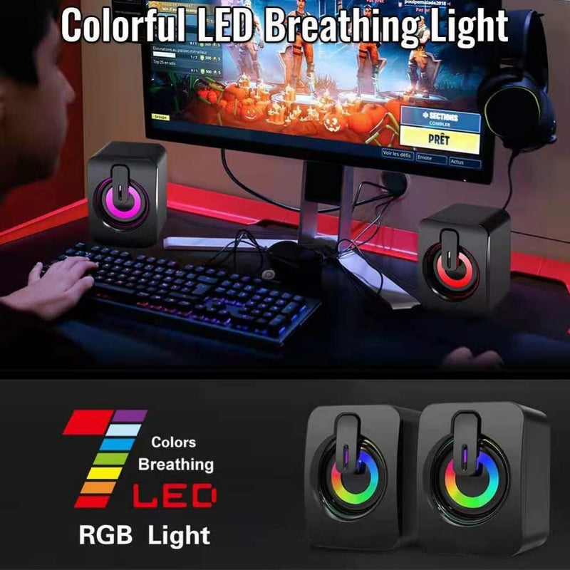 Wired RGB LED Mini Desktop Computer Speakers Pair, USB Powered Stereo with Dynamic Lighting, Compact Plug and Play for PC Laptop Gaming