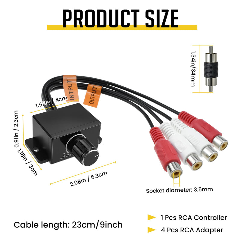 1Set Universal Car RCA Level Controller Amplifier, Audio Level Bass Boost Volume Control Knob with 4 RCA Male Connector and 1 Foam Tape for Car Motorcycle Speakers Home Theater 1 SET