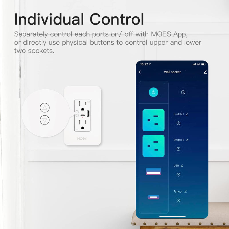 MOES Smart USB Wall Outlet Receptacle with Type-C & Type-A Charger, 2.4GHz Wi-Fi in-Wall Plug Socket, Remote Individual Control On/Off 15Amp, No Hub Required USB & Type-C Outlet 1 Pack