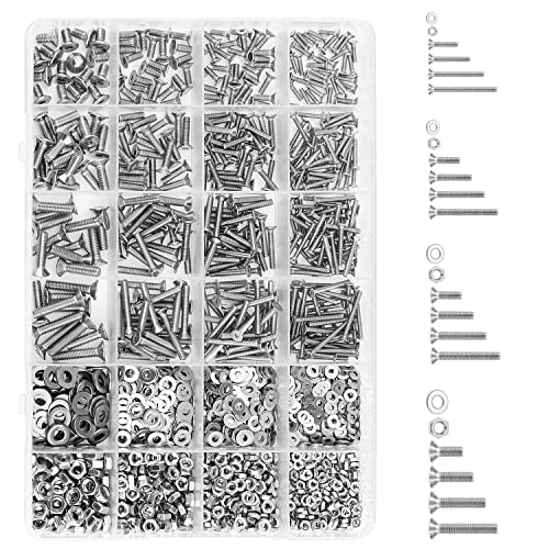 HELIFOUNER 1280 Pieces M2 M2.5 M3 M4 304 Stainless Steel Countersunk Head Socket Cap Metric Screws Bolts Washers Nuts Hardware Assortment Kit with Hex Wrenches ['M2/M2.5/M3/M4']