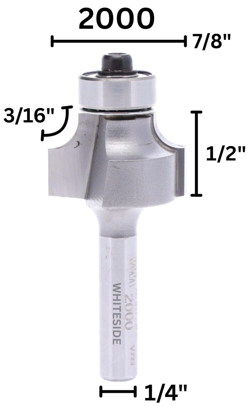 Whiteside 2000 Roundover Router Bit: 3/16 Inch Radius, 7/8 Inch Large Diameter, 1/4 Inch Shank, 1/2 Inch Cutting Length