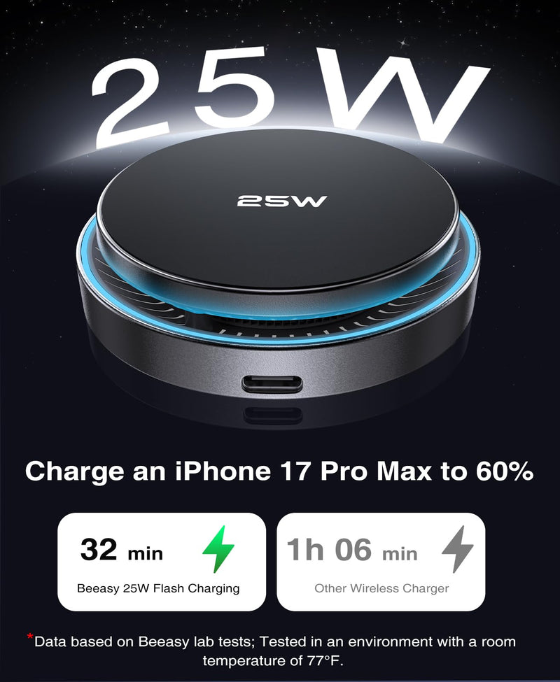 Beeasy 25W Qi2.2 MagSafe Car Mount Charger Built-in Cooling Fan, Upgraded Vacuum Suction Cup 360° Rotation, Magnetic Wireless Car Charger with 63W Adapter for iPhone 17 16 Pro Max Samsung S26 Ultra Black