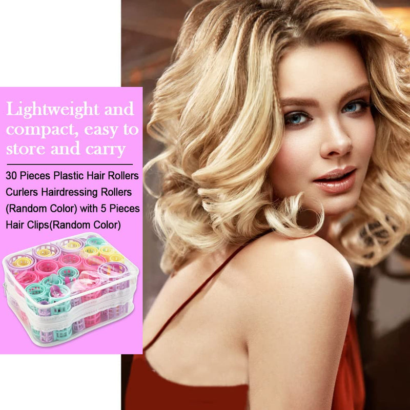 30 PCS Plastic Hair Rollers Curlers 5 Size Snap on Rollers No Heat Self Grip Hair Rollers for Short Long Hair, DIY Salon Hairdressing Curlers with 5 Duckbill Clips for Barber Hair Dressing