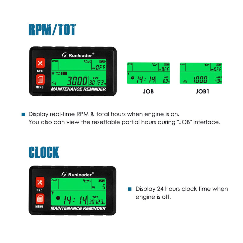 Runleader Digital Self Powered Hour Meter Tachometer,RPM Alert, Multiple Maintenance Reminders,Backlights Display & Selection for Lawn Mower Generator ATV Outboards Snowblower Motorcycle