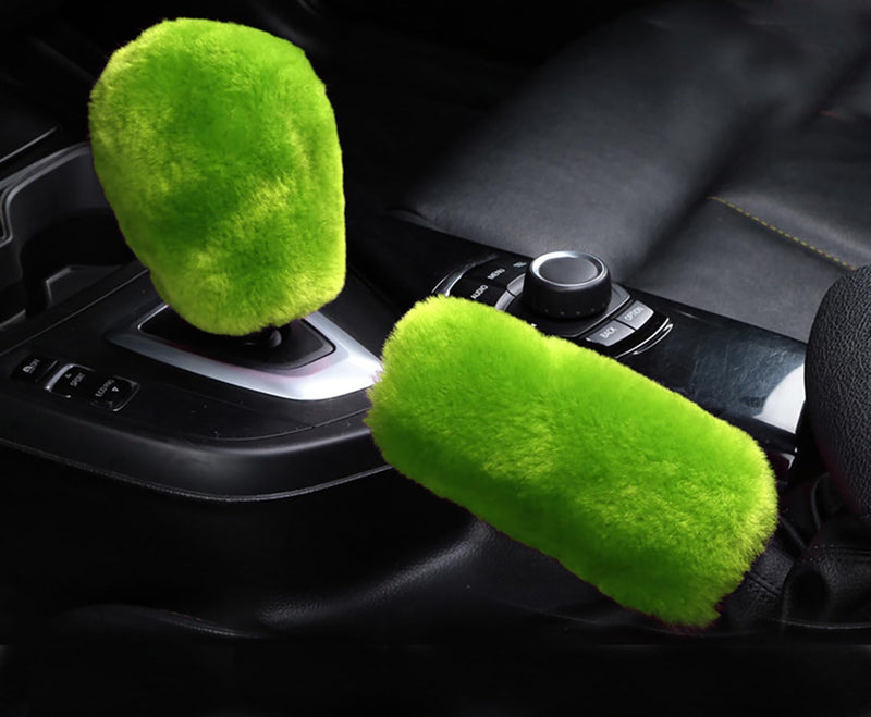 U&M 3 Pcs Set Fluffy Genuine Sheepskin Car Steering Wheel Cover with Handbrake Cover & Gear Shift Cover Fuzzy Wool Fur Soft Warm Winter (Green Frog, Shearling Wool) Green Frog