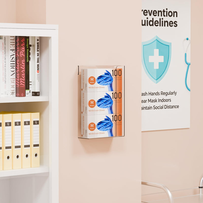 Cq acrylic Rubber Glove Holder for Wall Mount,Clear Disposable Glove Dispenser and Glove Box on Wall,Multipurpose Wall Floating Mask Dispenser and Medical Gloves Rack Storage,10.2”x16”x3.5” Pack of 1 Can hold 3 boxes