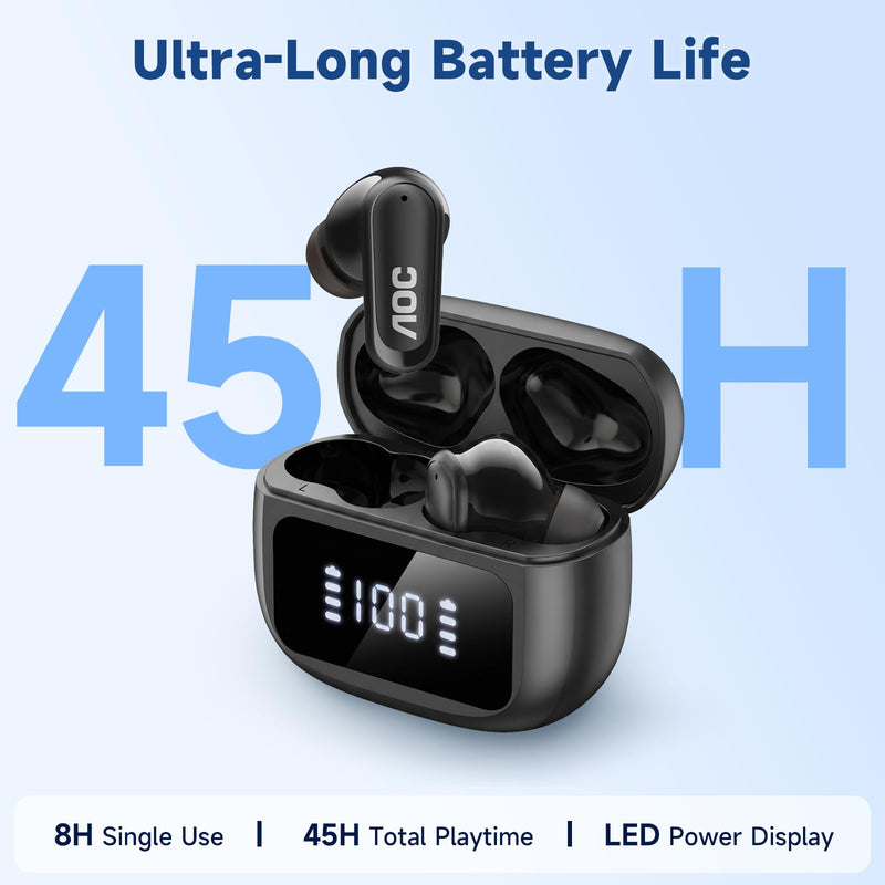 AOC Noise Cancelling Wireless Earbuds, 39dB ANC, 45H, LED Display, Black | in Ear Bluetooth 5.4 Headphones with 6 ENC Mic, Transparency Mode, Deep Bass Sound, 36 EQs via App, Fit for Sports, Commuting
