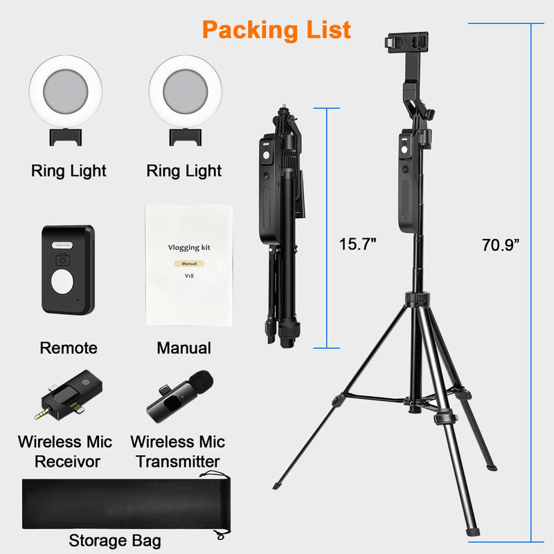 Vlogging Kit for iPhone/Andriod,70.9″ Auto Face Tracking Tipod,360 Rotatable Selfie Stick Tripod, Content Creator Essentials, Yutube Starter Kit, Gesture Control w/Remote/Mic/Light