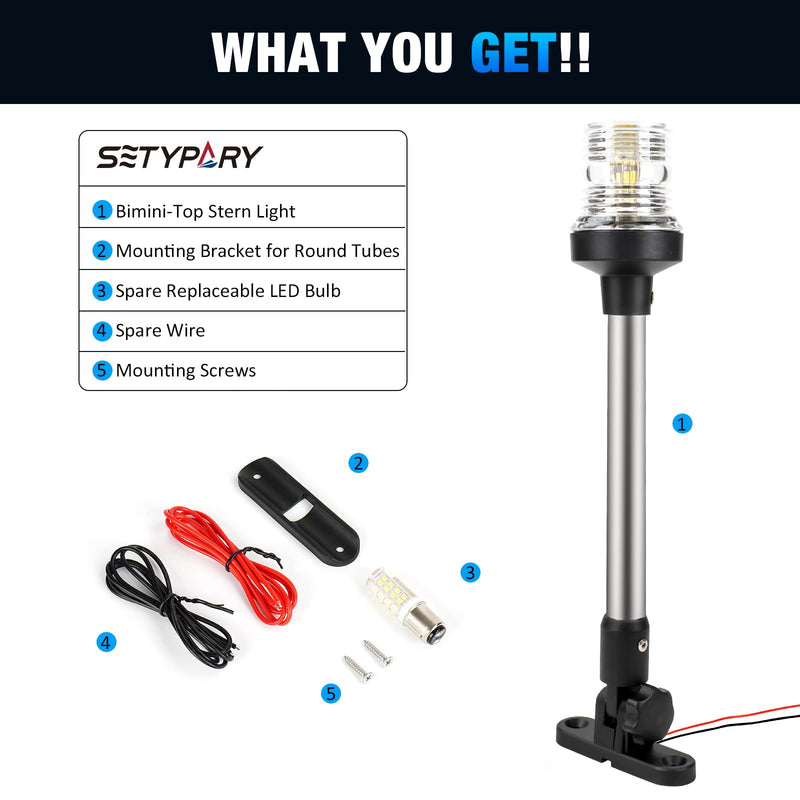 12 Inch Stern Light Bimini Top Anchor Light, LED Pontoon Navigation Lights Waterproof IP67, 3 NM Visibility White Fold Down Rear Boat Lights for Jon Boat, Small Boats, Fishing Boats (12~24V) 12 Inches