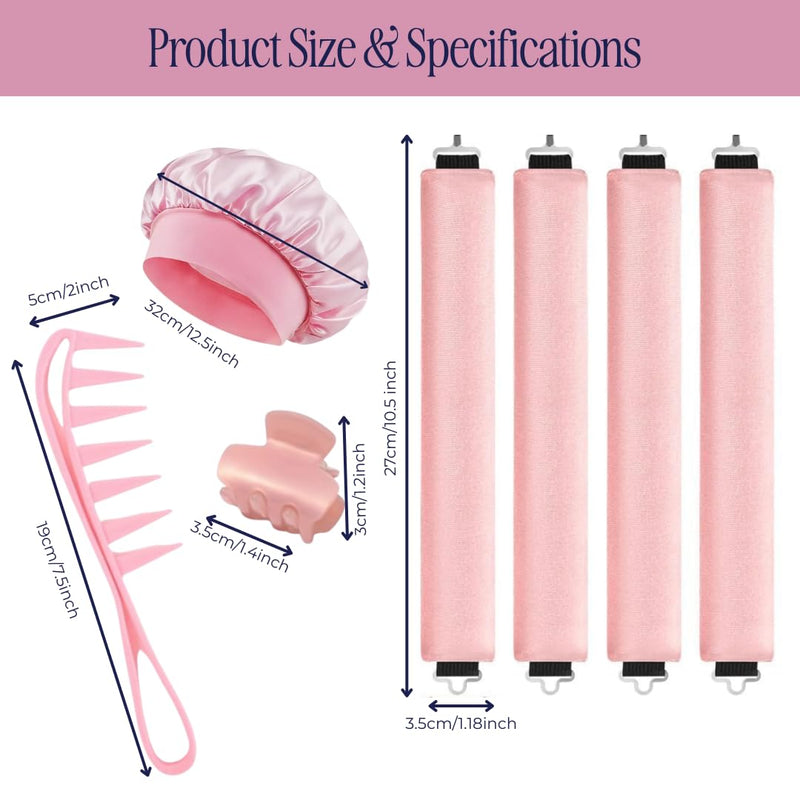 SheEO 6 Piece heatless Hair Curler Set, 3 heatless Curling rods, 1 Silk Bonnet, 1 Hair Clips, Wide Tooth Comb. Includes tutorials from Leading Stylist to Create Overnight Curls with Velvet Rollers Heatless Curling Set