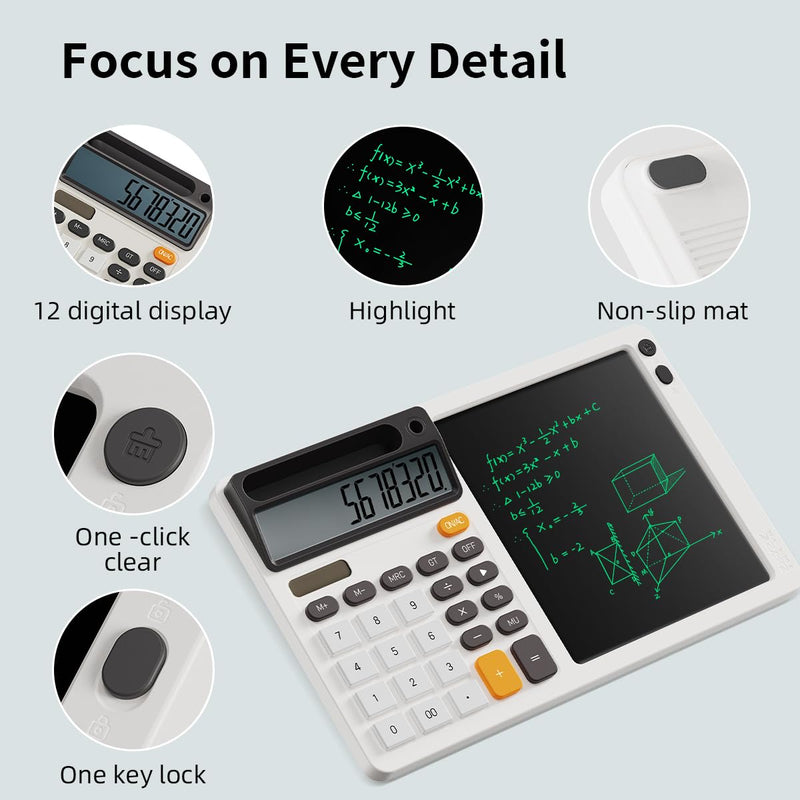 Solar Calculator with 7.5 inc LCD Writing Membrane, 15° Tilt for Easy Reading, Integrated Phone Stand, Voice & Silent Modes, Anti-Slip Pads for Stability, Ideal for Office & Study Use (White)