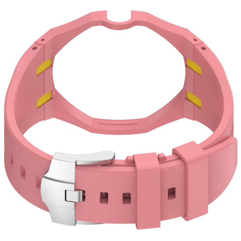 Rugged Case Band Compatible with AP x Swatch Royal Pop Watch Band, 10.6inches, Quick Release Bands Sport Replacement Strap, Sports Silicone Strap with Shockproof Frame Bumper Case for Men Women Strap pink&yellow-3-o'clock