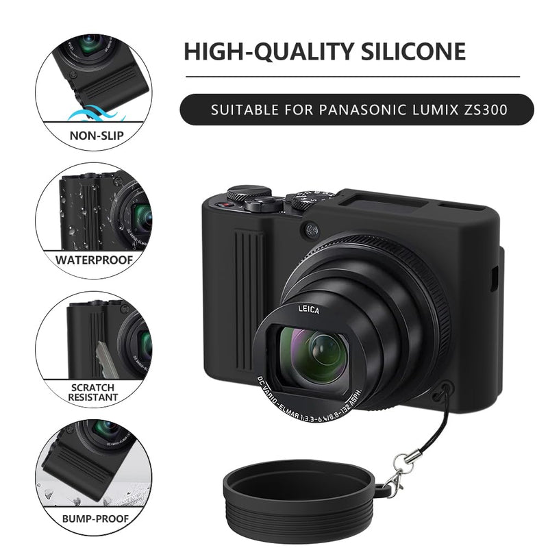 Silicone Case for lumix ZS300-(Black) | for Lumix ZS300 accessories、Protective Cover with 1 Pcs Screen Protectors, Detachable Lens Cover-(Black) Black
