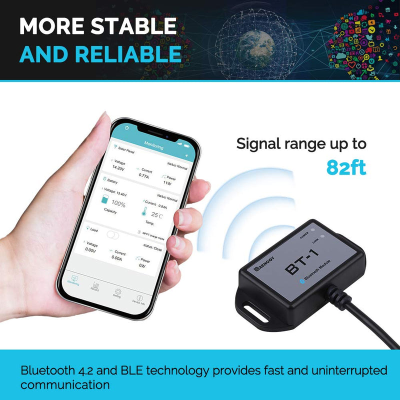 Renogy Bluetooth Module RJ12 Communication Port Compatible Rover/Wanderer/Adventurer Charge Controllers, BT-1 RS232,Black Bluetooth Module RS232