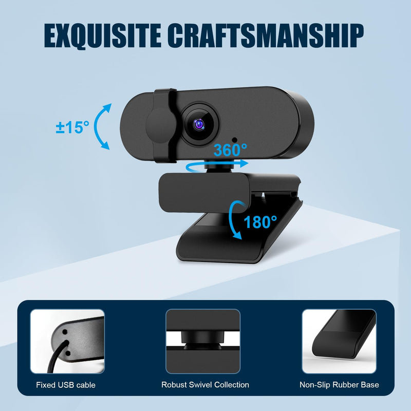 1080P 30FPS Webcam for PC, Auto Light Correction, Fixed Focus | Built-in Mic, Privacy Cover, 90° Wide-Angle Lens, A-to-C Adapter, Plug&Play for Zoom, Microsoft Teams, Video Conferencing