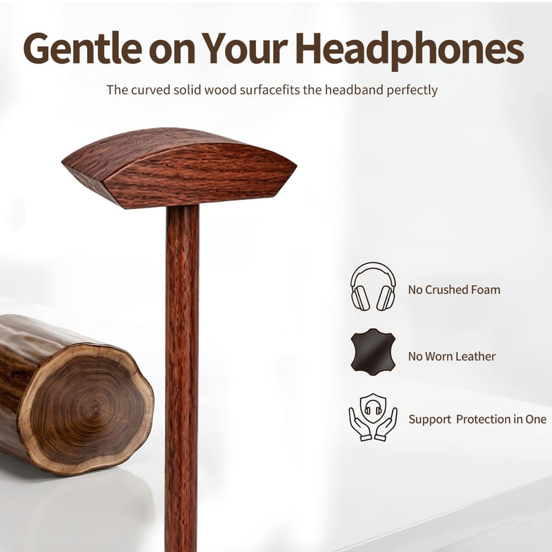 Headphone Stand Nature Wood Headset Hanger Mount Hook Gaming Holder Desktop Earphone Artful Functional Stand for All Headsets with Solid Wooden Base Walnut Storage Base