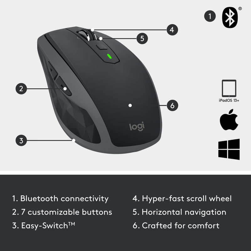 Logitech MX Anywhere 2S Bluetooth Edition Wireless Mouse - Use On Any Surface, Hyper-Fast Scrolling, Rechargeable, Control Up to 3 Apple Mac and Windows Computers and Laptops 2024 Model