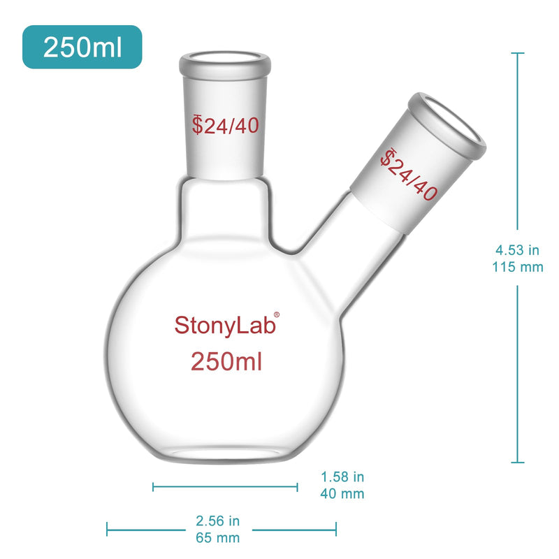 stonylab Flat Bottom Flask FBF, Heavy Wall 2-Neck Lab Flask Borosilicate Glass Flat Bottom Boiling Flask with 24/40 Standard Joint, 250 ml