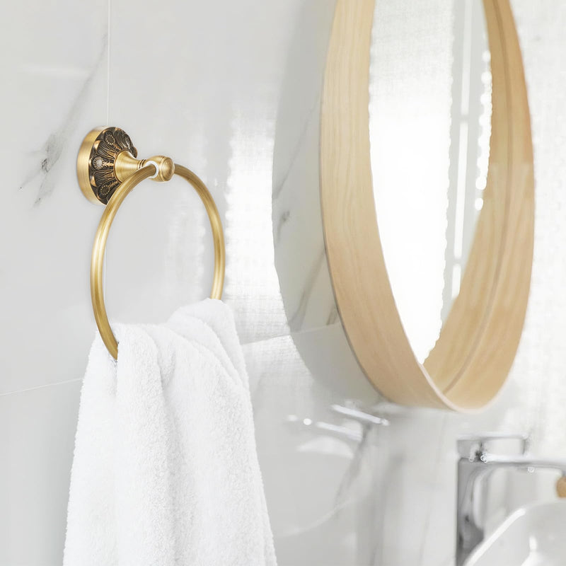 2 Pieces Set Antique Brass Toilet Paper Holder Retro Brass Hand Towel Ring Tissue Roll Paper Hanger Bathroom Hardware Wall Mounted Vintage Bathroom Accessories (Round) Round
