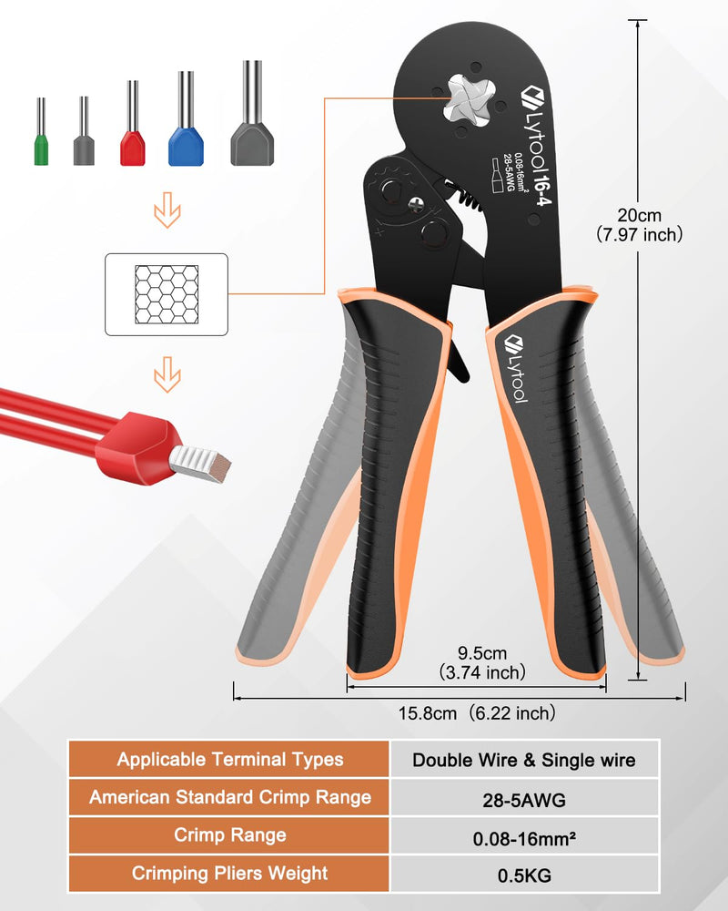 Ferrule Crimping Tool Kit, Lytool Wire Crimper Pliers (AWG 28-5/0.08-16mm²), Wire Ferrule Kit with Square Ratchet Crimper and 1200PCS Ferrule Connectors Wire Ferrules Terminals Kit Square Wire Crimping Pliers + 1200 Wire Ferrules