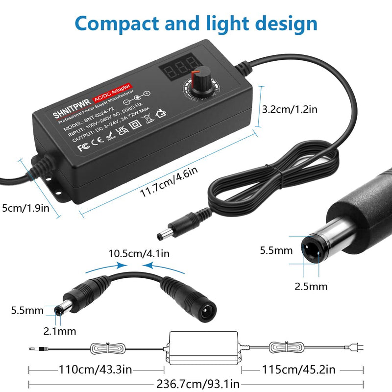 SHNITPWR 3V ~ 24V 3A 72W Power Supply Adjustable DC 3V 5V 6V 9V 12V 15V 16V 18V 19V 20V 24V Variable Universal AC/DC Adapter 100V-240V AC to DC Converter with 14 Tips 5.5x2.5mm 4.0x1.7mm 3.5x1.35mm Black