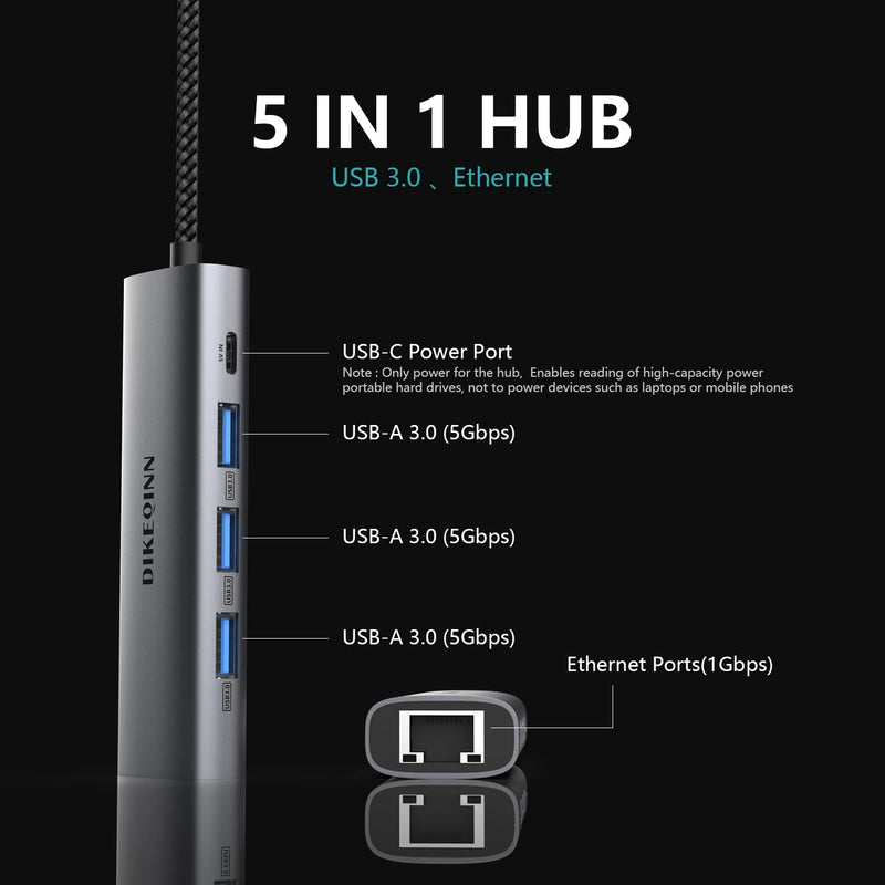 USB 3.0 Hub with Gigabit Ethernet, 3-Port USB-A 5Gbps + USB-C Power Port for MacBook, Dell, HP, Surface (Plug and Play) (USB-C)