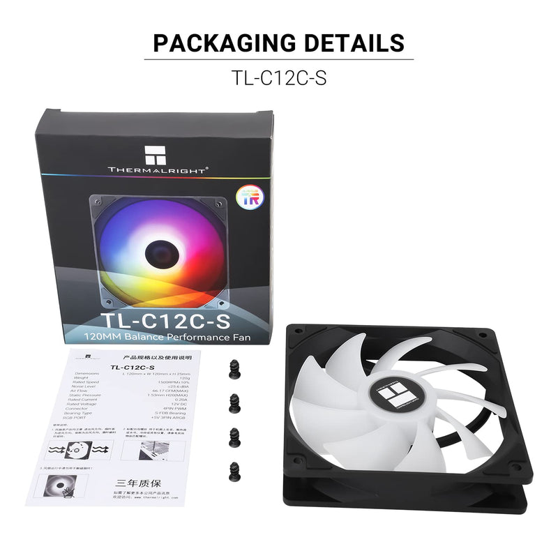 Thermalright -TR TL-C12C-S CPU Fan 120mm ARGB Case Cooler Fan, 4pin PWM Silent Computer Fan with S-FDB Bearing Included, up to 1550RPM Cooling Fan