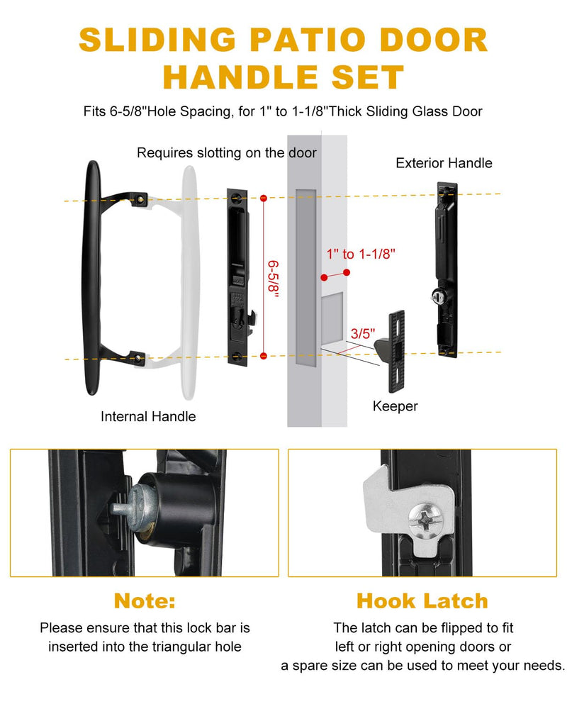 Patio Glass Door Replacement Handle Set with Lock, 6-5/8" H.C., Fits 1" to 1-1/8" Sliding Thick Doors, Keyed Black Diecast Reversible Design Keys