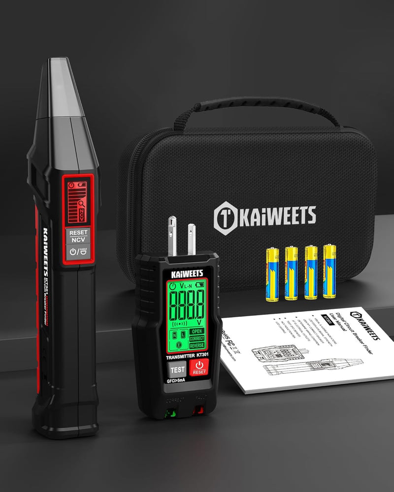 KAIWEETS Circuit Breaker Finder with LCD Display, GFCI Outlet Tester, Electrical Circuit Tracer Tool with NCV Test & Flashlight, Includes Carrying Case - KT301