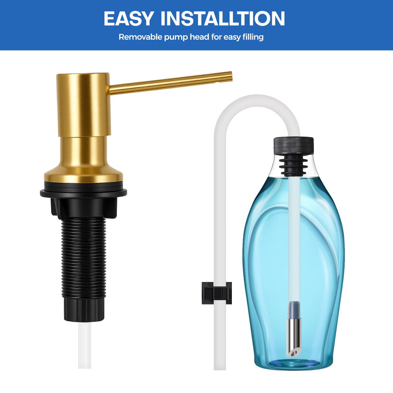 Brushed Gold Soap Dispenser for Kitchen Sink, Built in Soap Dispensers, Stainless Steel Sink Soap Dispenser or Lotion Dispenser Pump with 47" Extension Tube Kit, Upgraded Metal Check Valve Brushed Gold